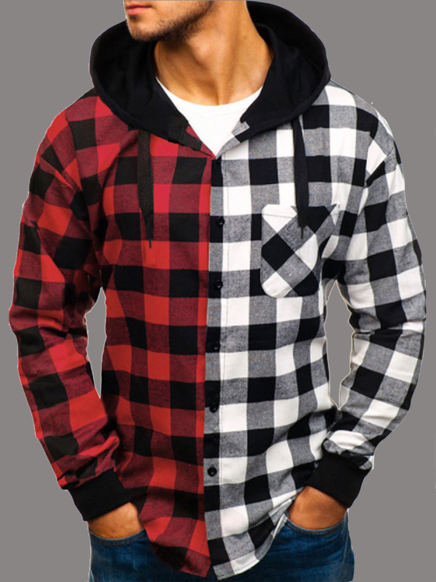 

lovely Casual Hooded Collar Grid Patchwork Red And White Men Shirt, Red and white square