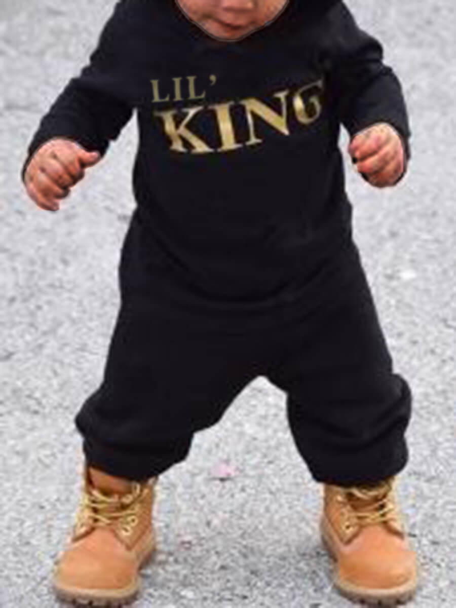 

Lovely Boy Sportswear Hooded Collar Letter Print Black Two Piece Pants Set