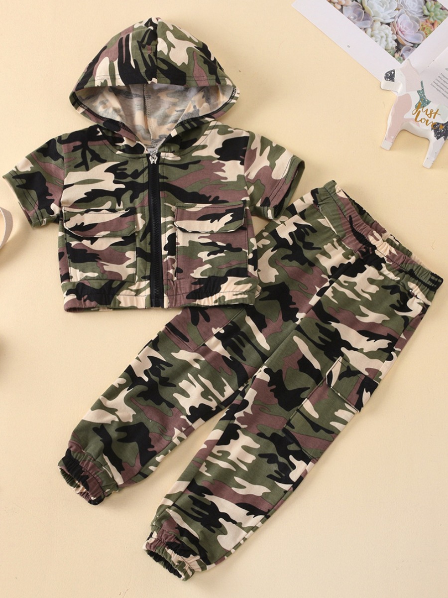 

lovely Street Hooded Collar Camo Print Green Girl Two-piece Pants Set