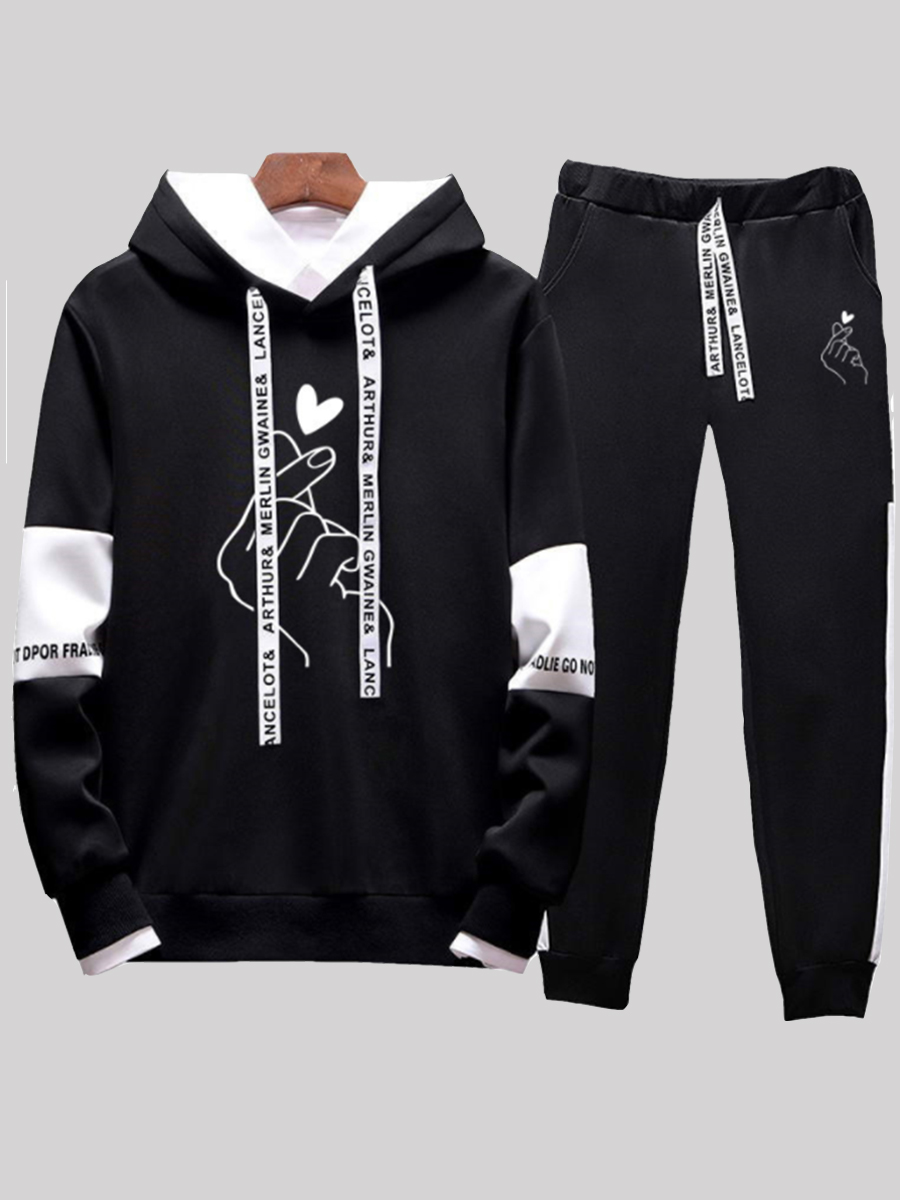

lovely Leisure Hooded Collar Print Black Men Two-piece Pants Set