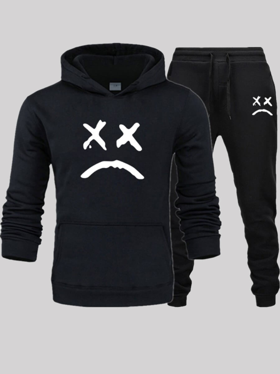 

LW Men Leisure Hooded Collar Print Black Two-piece Pants Set