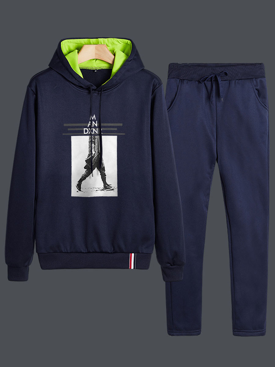

lovely Leisure Hooded Collar Print Deep Blue Men Two-piece Pants Set