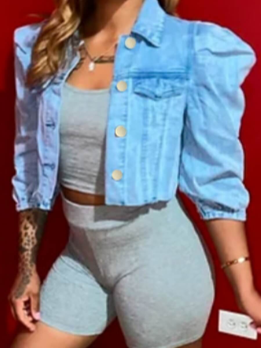 

Lovely Trendy Turndown Collar Buttons Design Baby Blue Denim Jacket