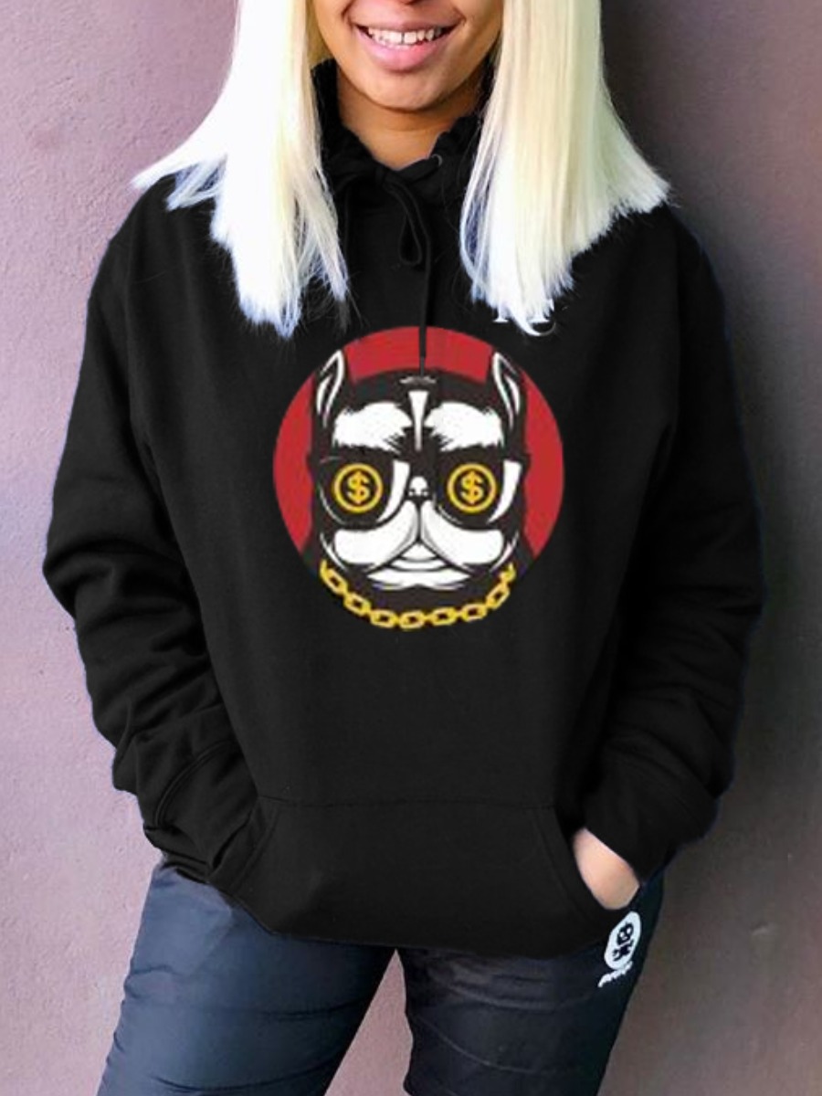 

lovely Leisure Hooded Collar Print Black Hoodie