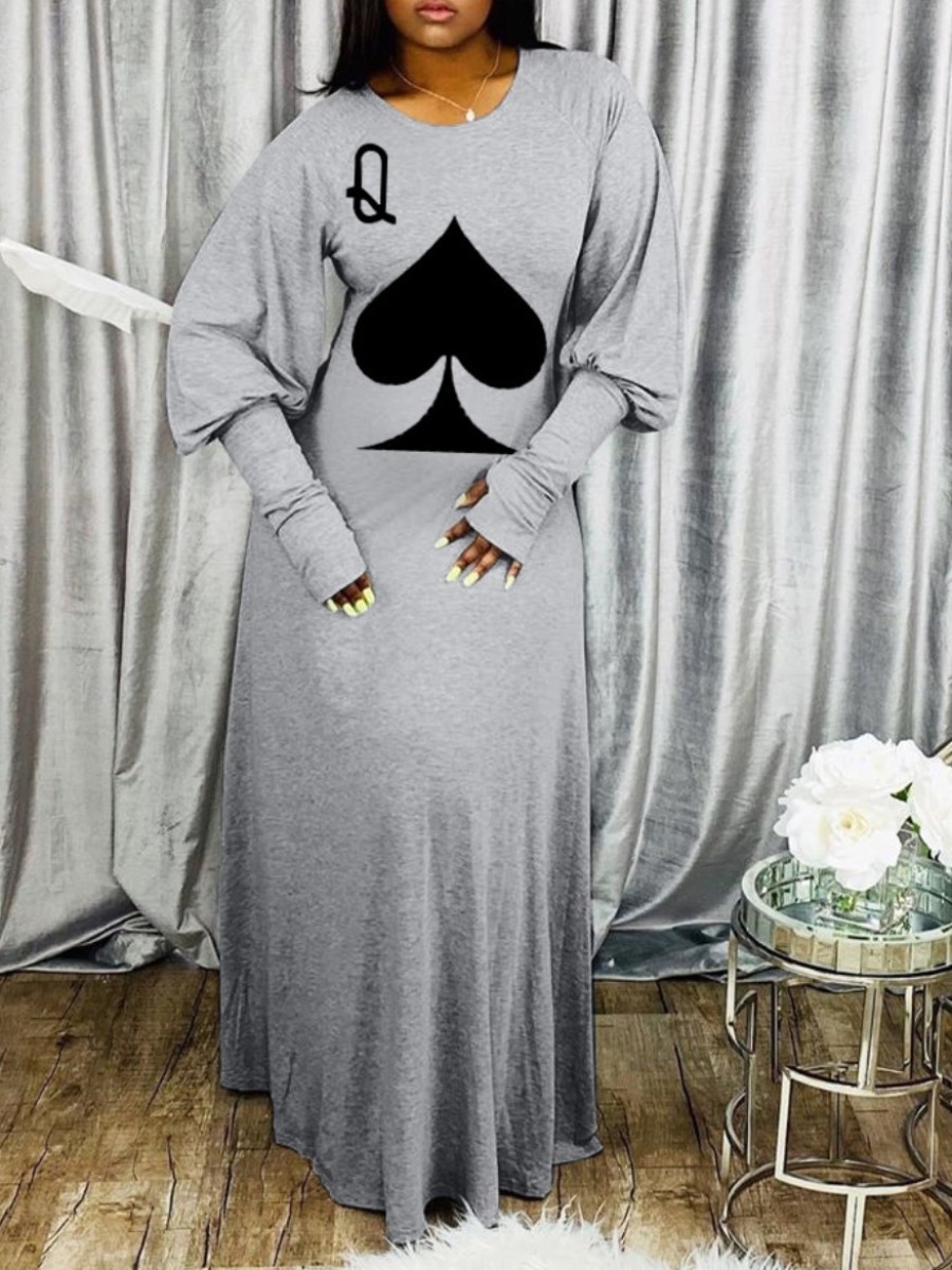 

lovely Casual O Neck Print Grey Maxi Dress