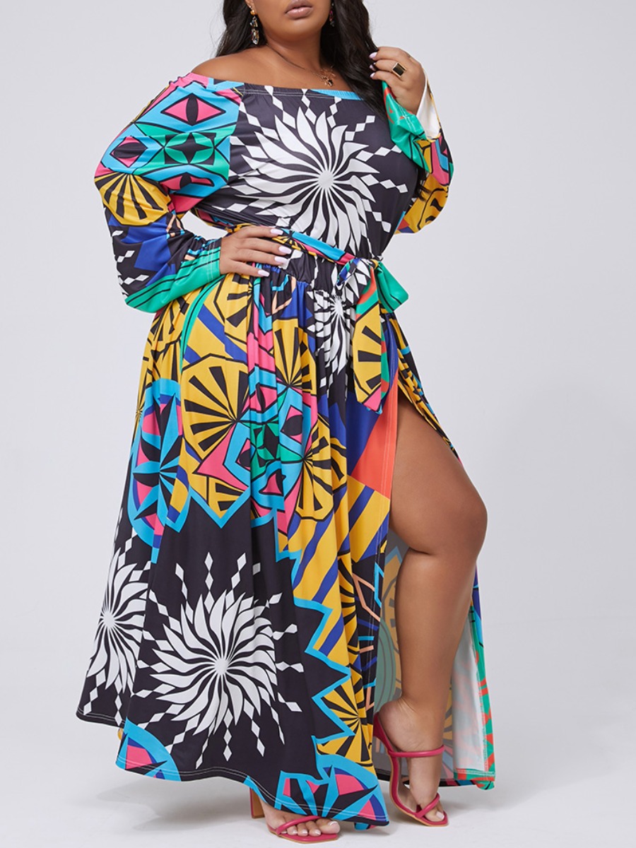 

lovely Casual Dew Shoulder Print Multicolor Maxi Plus Size Dress, Multi