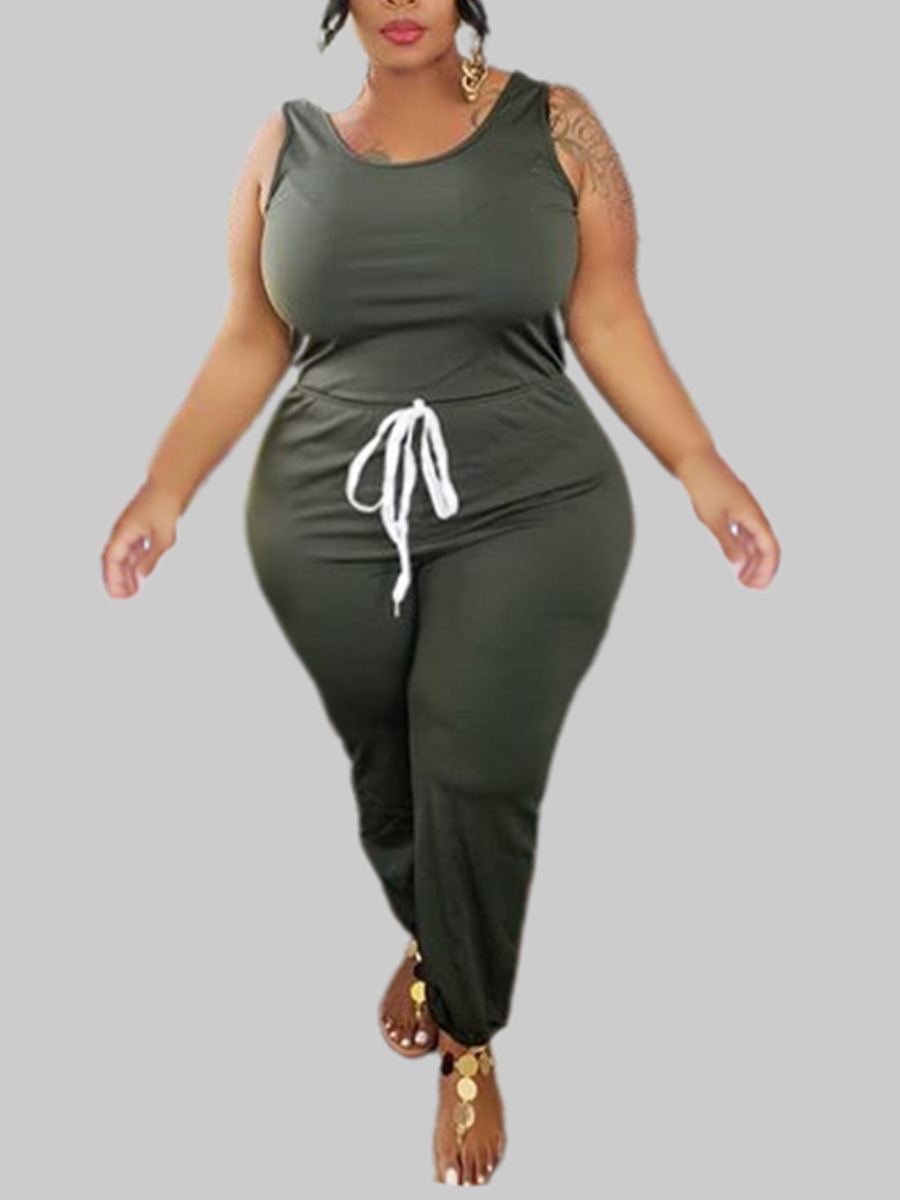 

lovely Sportswear U Neck Drawstring Green Plus Size One-piece Jumpsuit