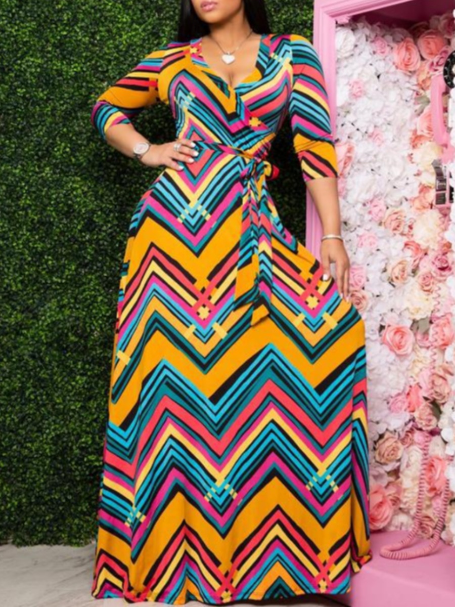 

lovely Bohemian V Neck Striped Print Multicolor Maxi Dress, Multi