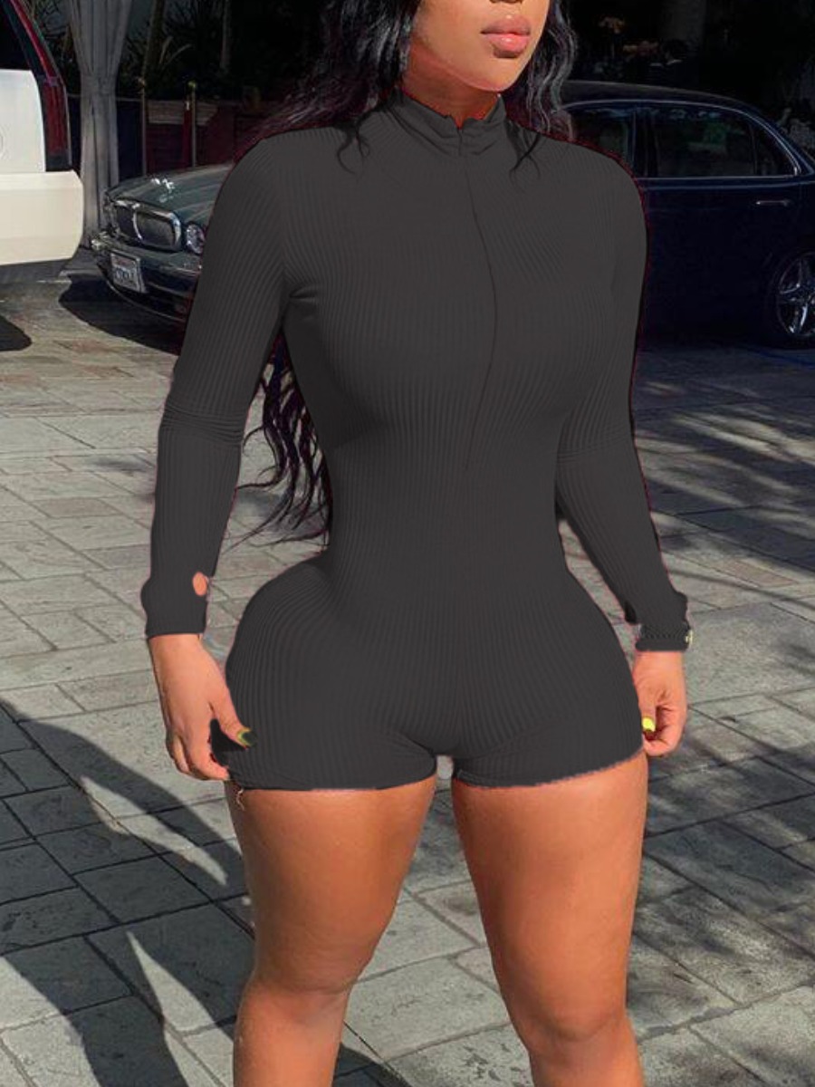 

lovely Sportswear Zipper Design Black One-piece Romper