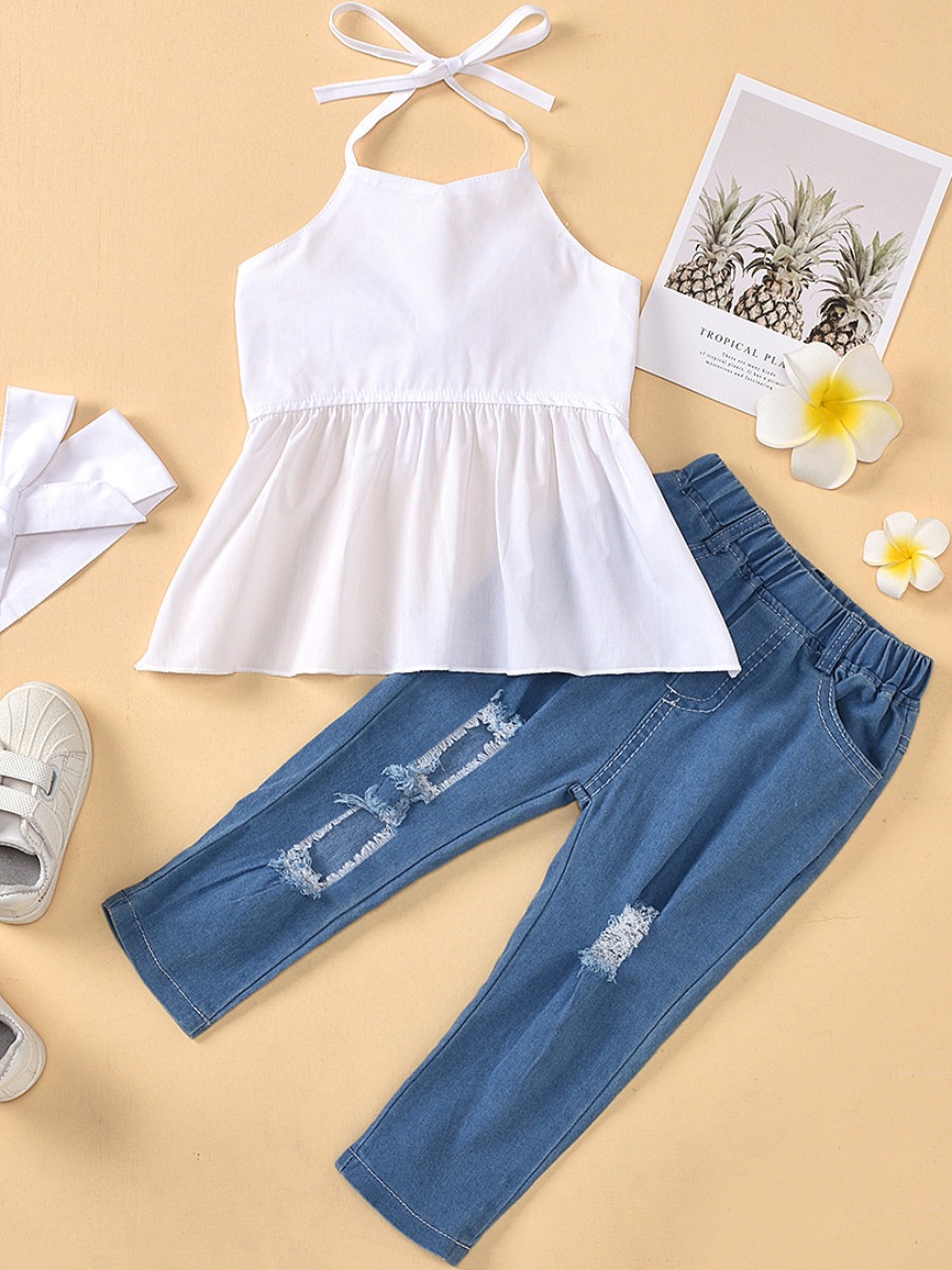 

lovely Sweet Bandage Design Broken Holes White Girl Two-piece Pants Set