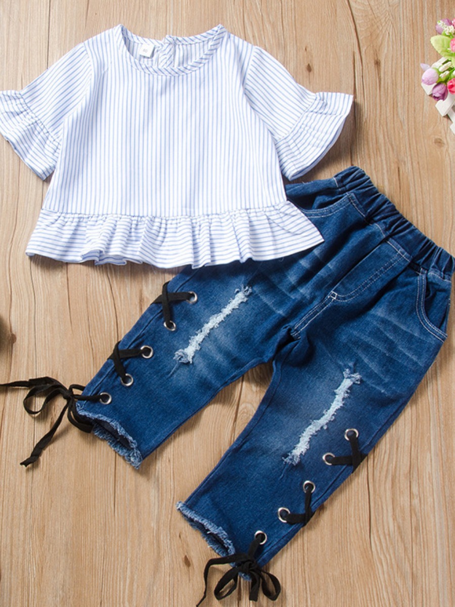 

lovely Sweet O Neck Striped Bandage Design Baby Blue Girl Two-piece Pants Set