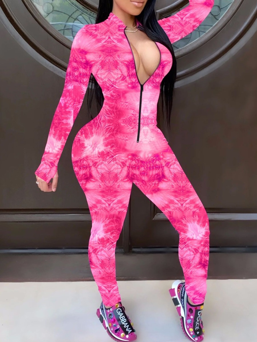 

lovely Sportswear Zipper Design Tie-dye Rose Red One-piece Jumpsuit