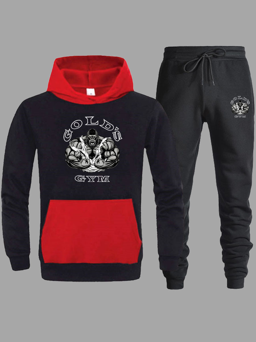 

lovely Sportswear Hooded Collar Print Black Men Two-piece Pants Set
