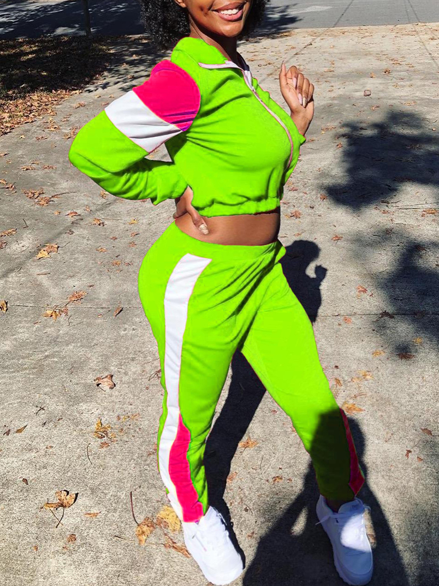 

lovely Sportswear Zipper Design Patchwork Green Two Piece Pants Set