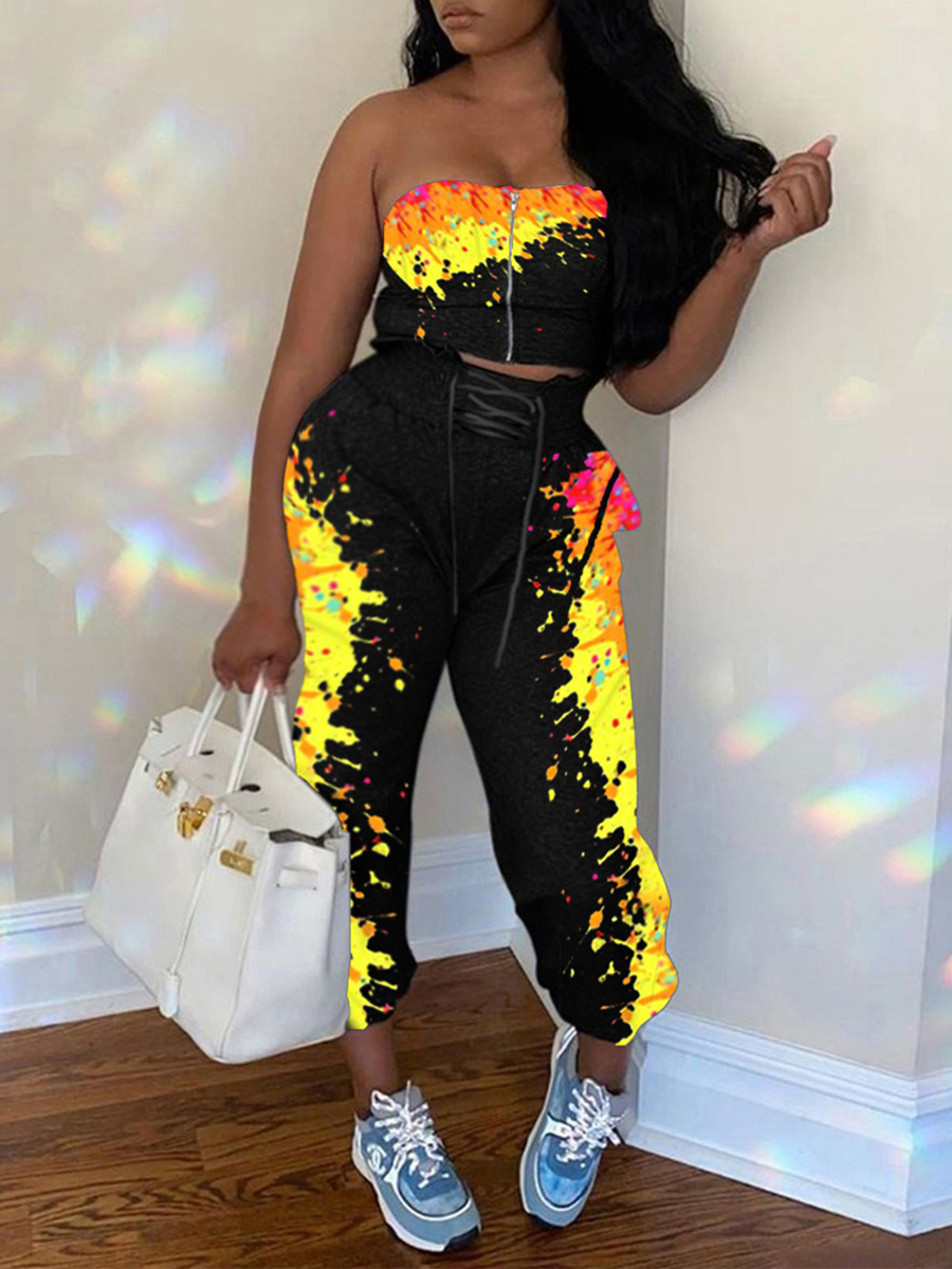 

Lovely Sportswear Dew Shoulder Print Black Plus Size Two-piece Pants Set
