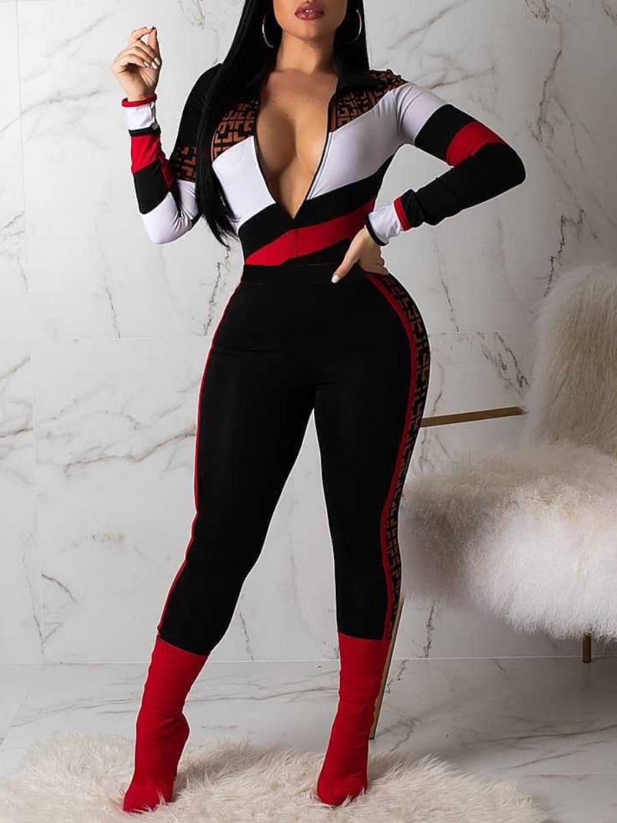 

lovely Sportswear Zipper Design Patchwork Black Two Piece Pants Set