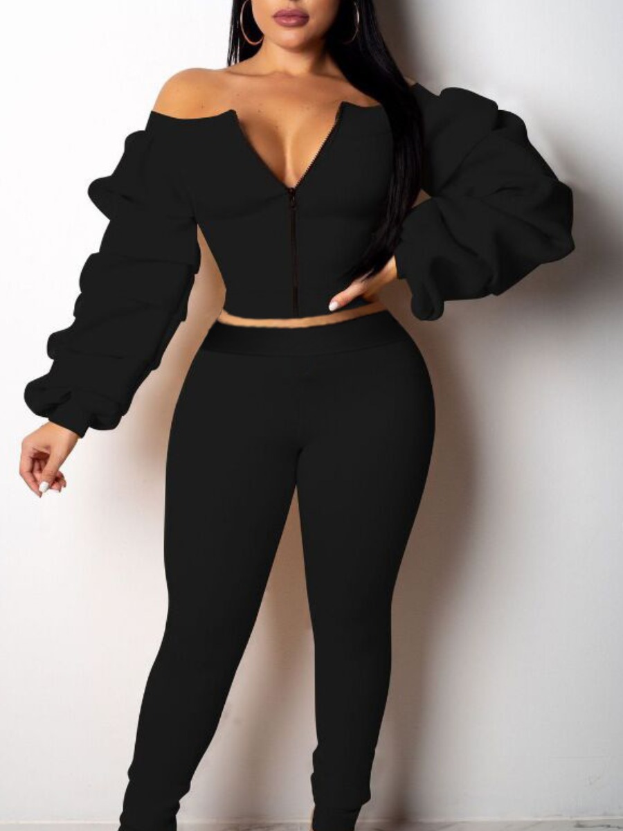 

lovely Street Zipper Design Fold Design Black Two Piece Pants Set
