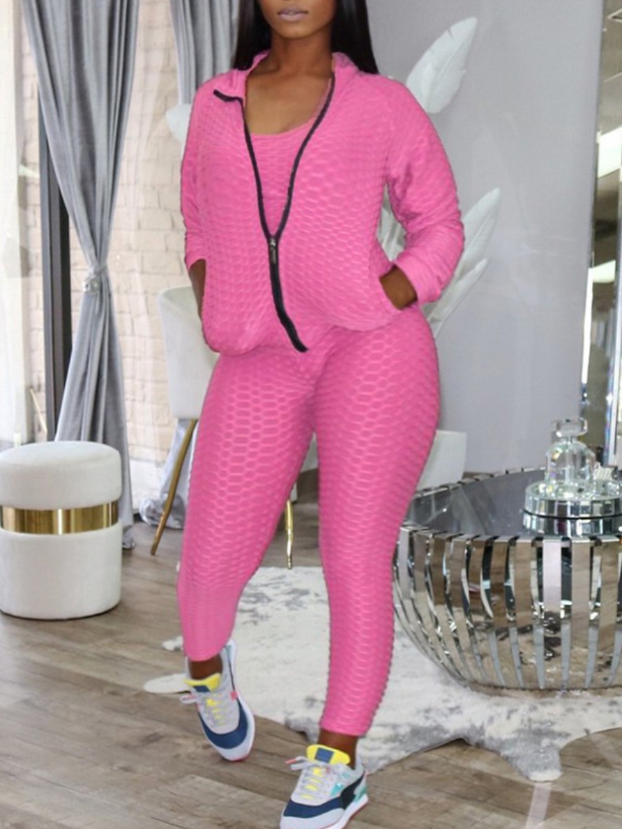 

lovely Sportswear Zipper Design Skinny Pink Two Piece Pants Set