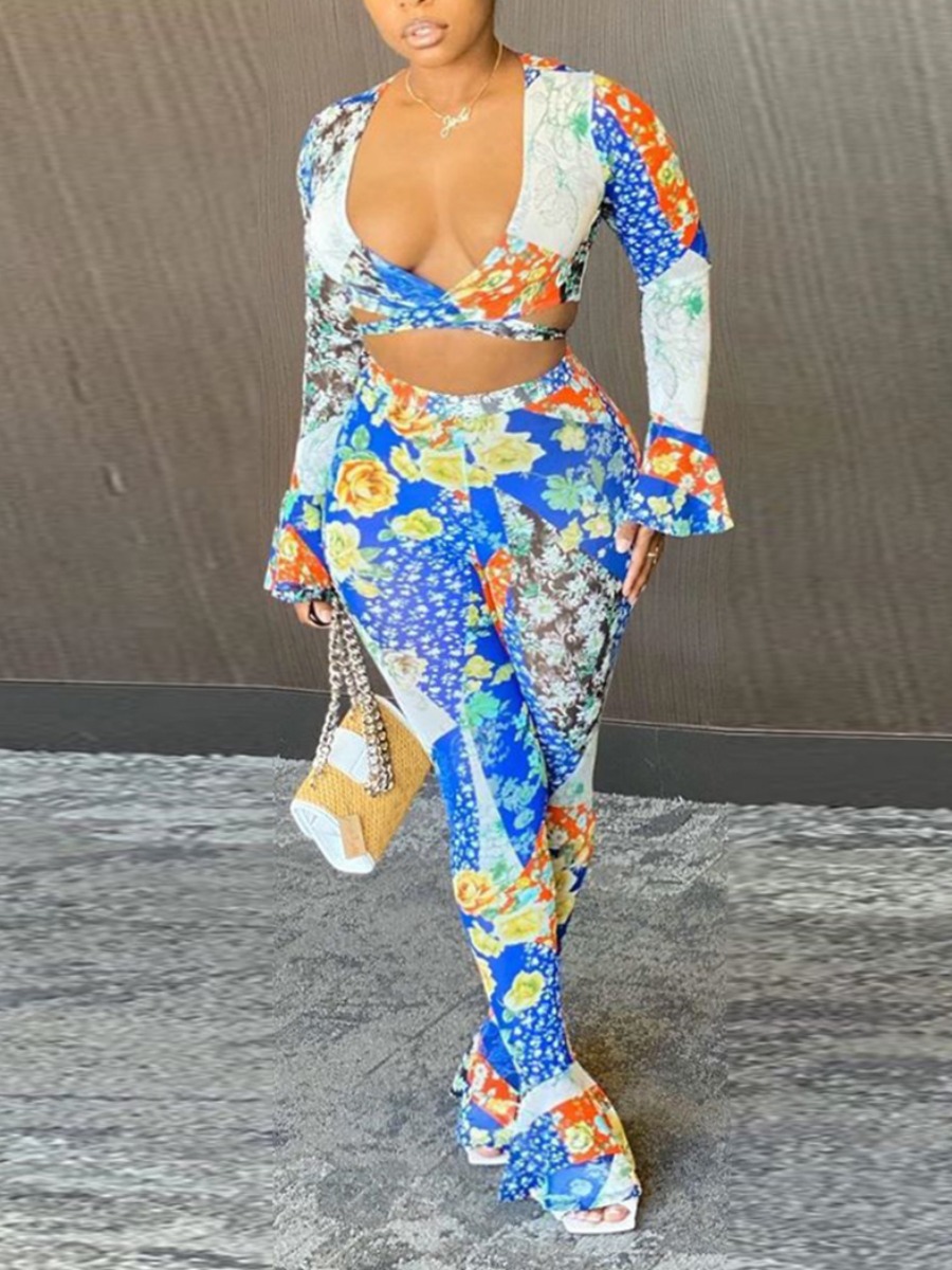 

lovely Stylish V Neck Print Blue Two Piece Pants Set