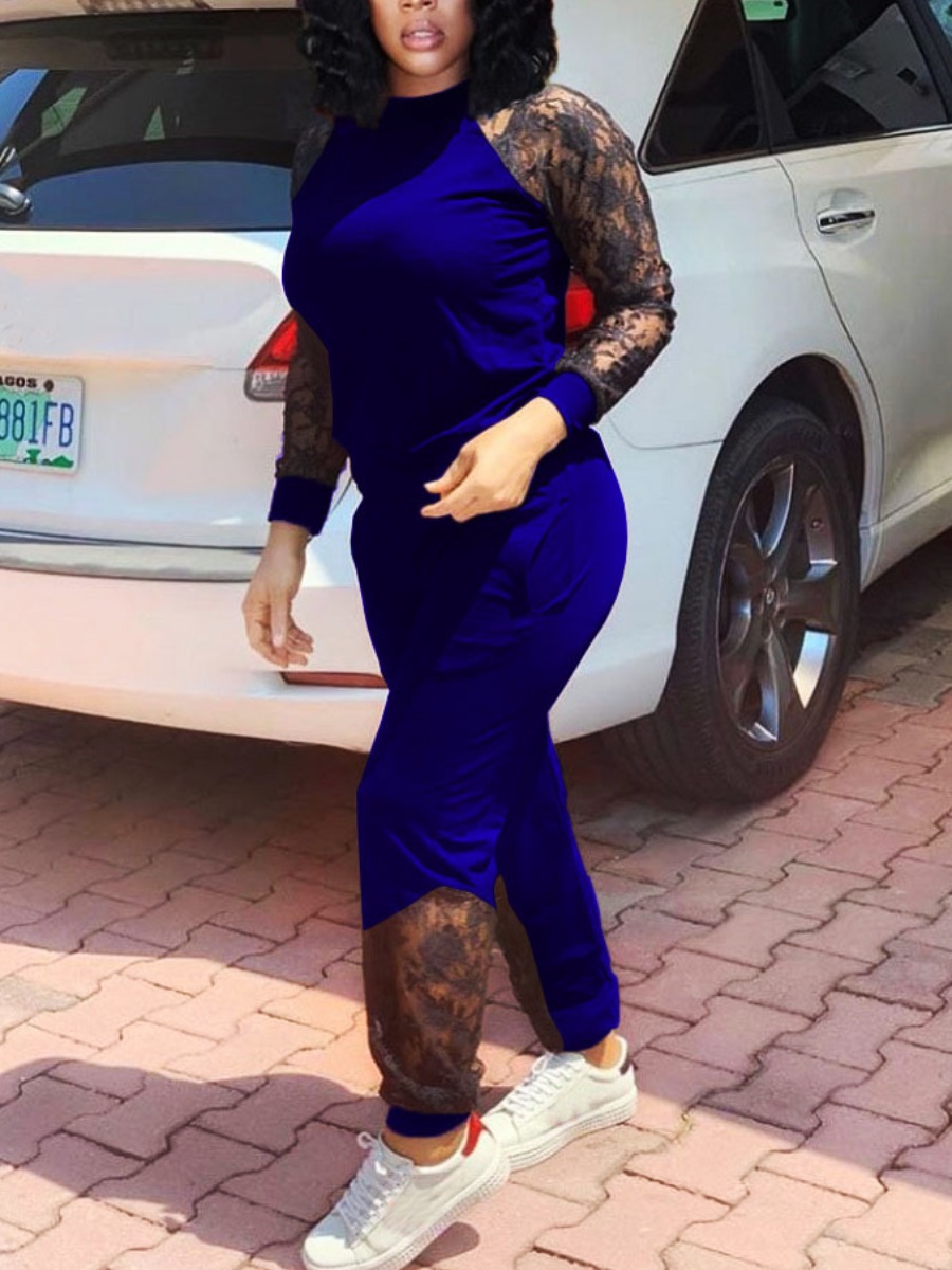 

lovely Casual O Neck Patchwork Blue Two Piece Pants Set