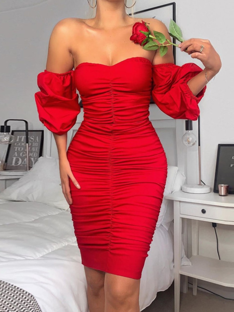 

lovely Party Dew Shoulder Fold Design Red Knee Length Dress