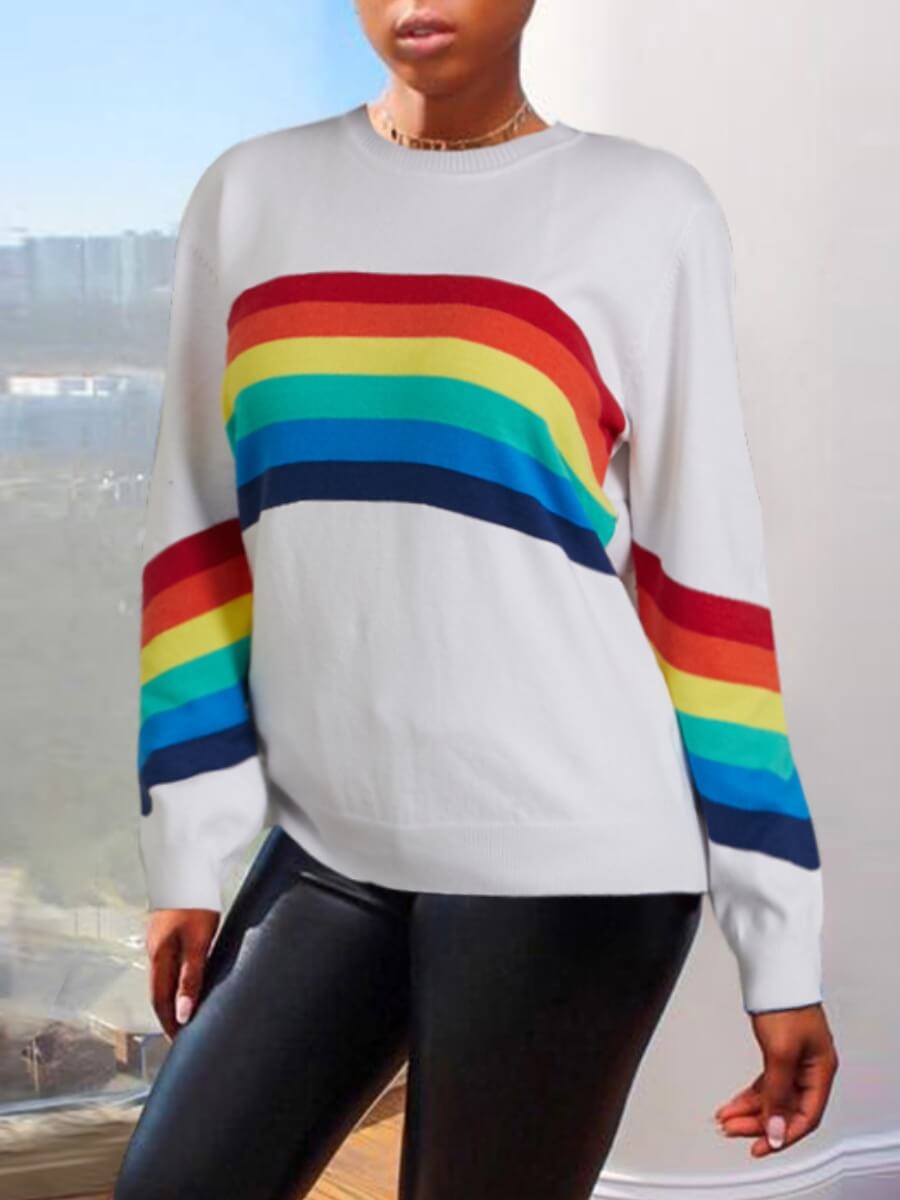 

Lovely Casual O Neck Rainbow Striped White Sweater