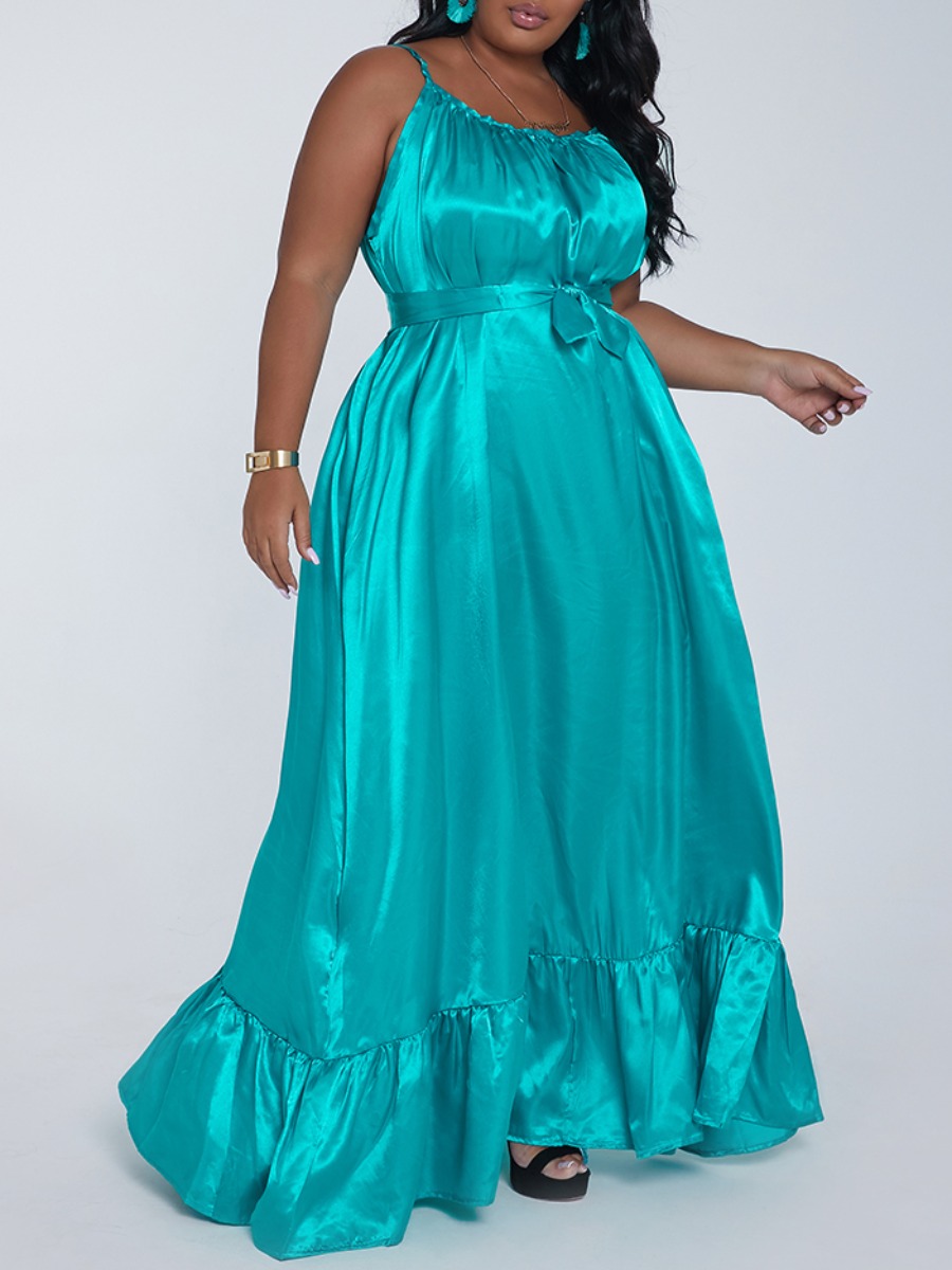 

lovely Trendy Spaghetti Strap Flounce Design Baby Blue Maxi Plus Size Dress