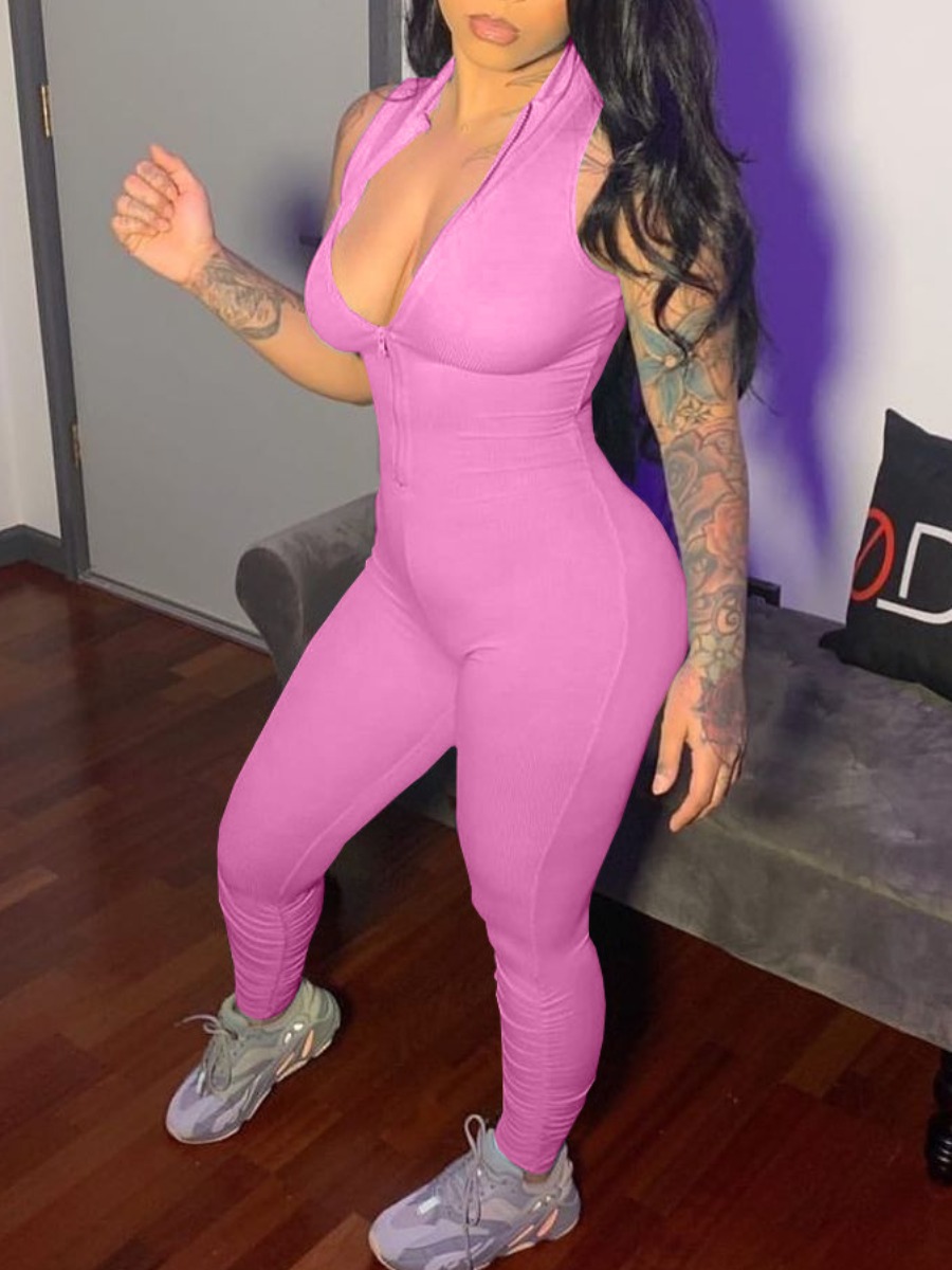 

lovely Sportswear Sleeveless Zipper Design Pink One-piece Jumpsuit