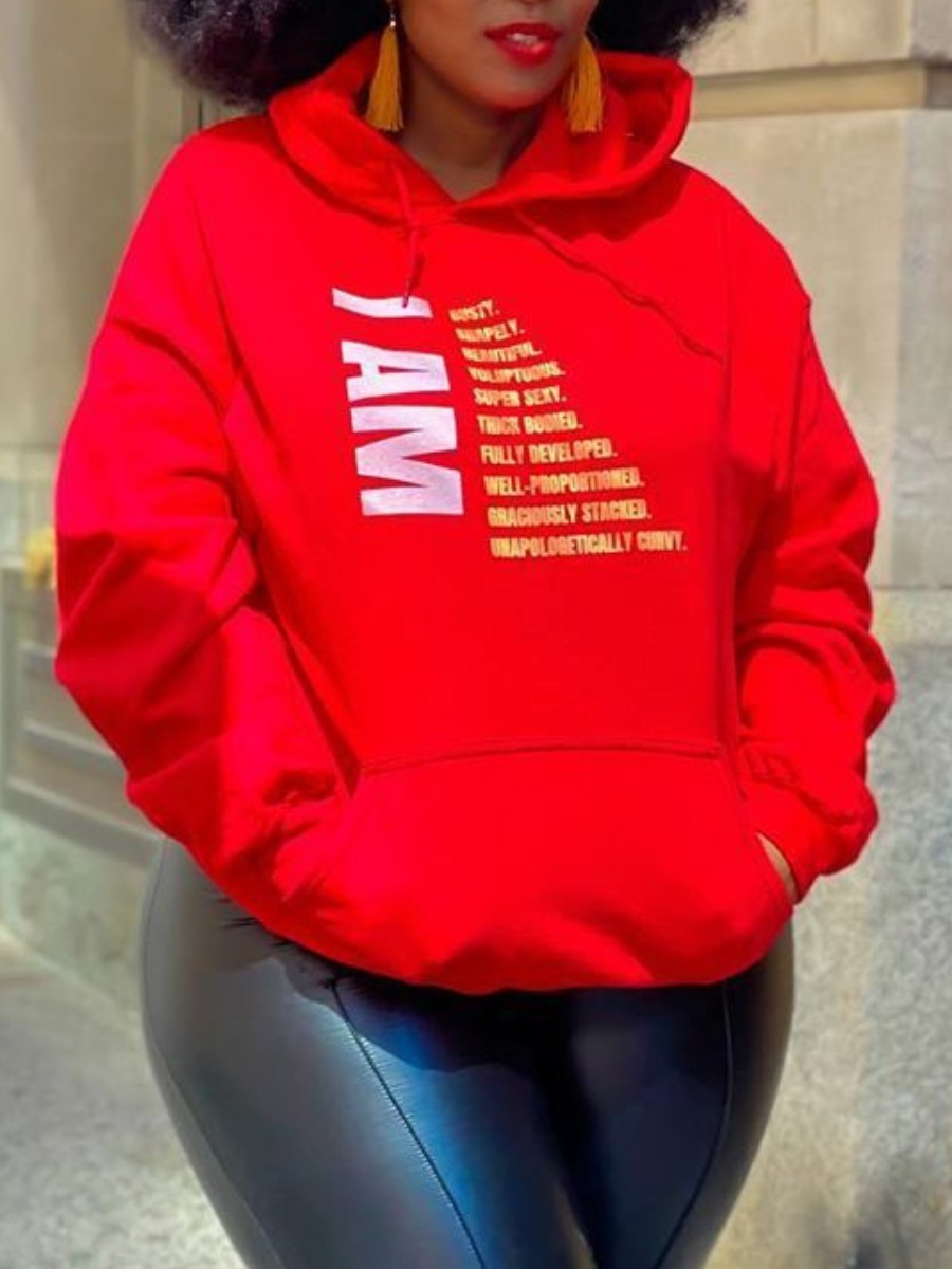 

Lovely Leisure Hooded Collar Print Red Plus Size Hoodie