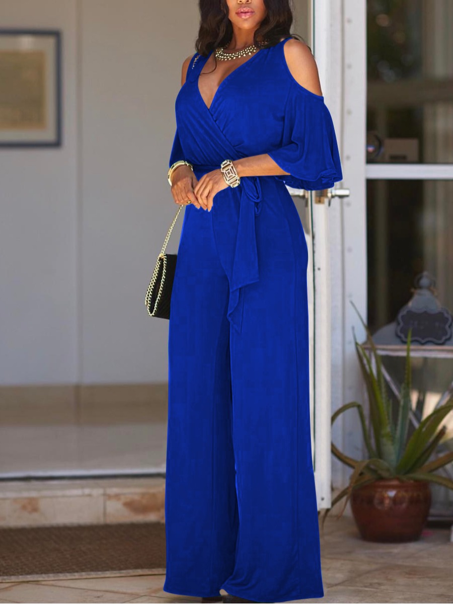 

lovely Trendy V Neck Hollow-out Royalblue One-piece Jumpsuit