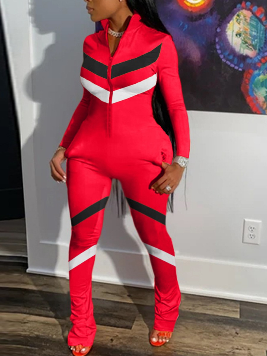 

lovely Sportswear Zipper Design Patchwork Red Plus Size One-piece Jumpsuit