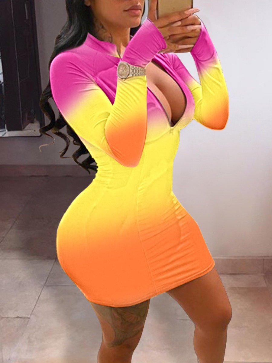 

lovely Casual Gradient Print Zipper Design Yellow Mini Dress