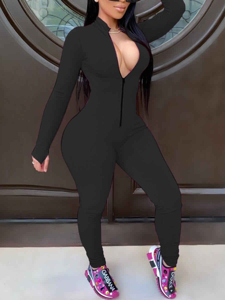 

Lovely Sportswear Zipper Design Black Plus Size One-piece Jumpsuit
