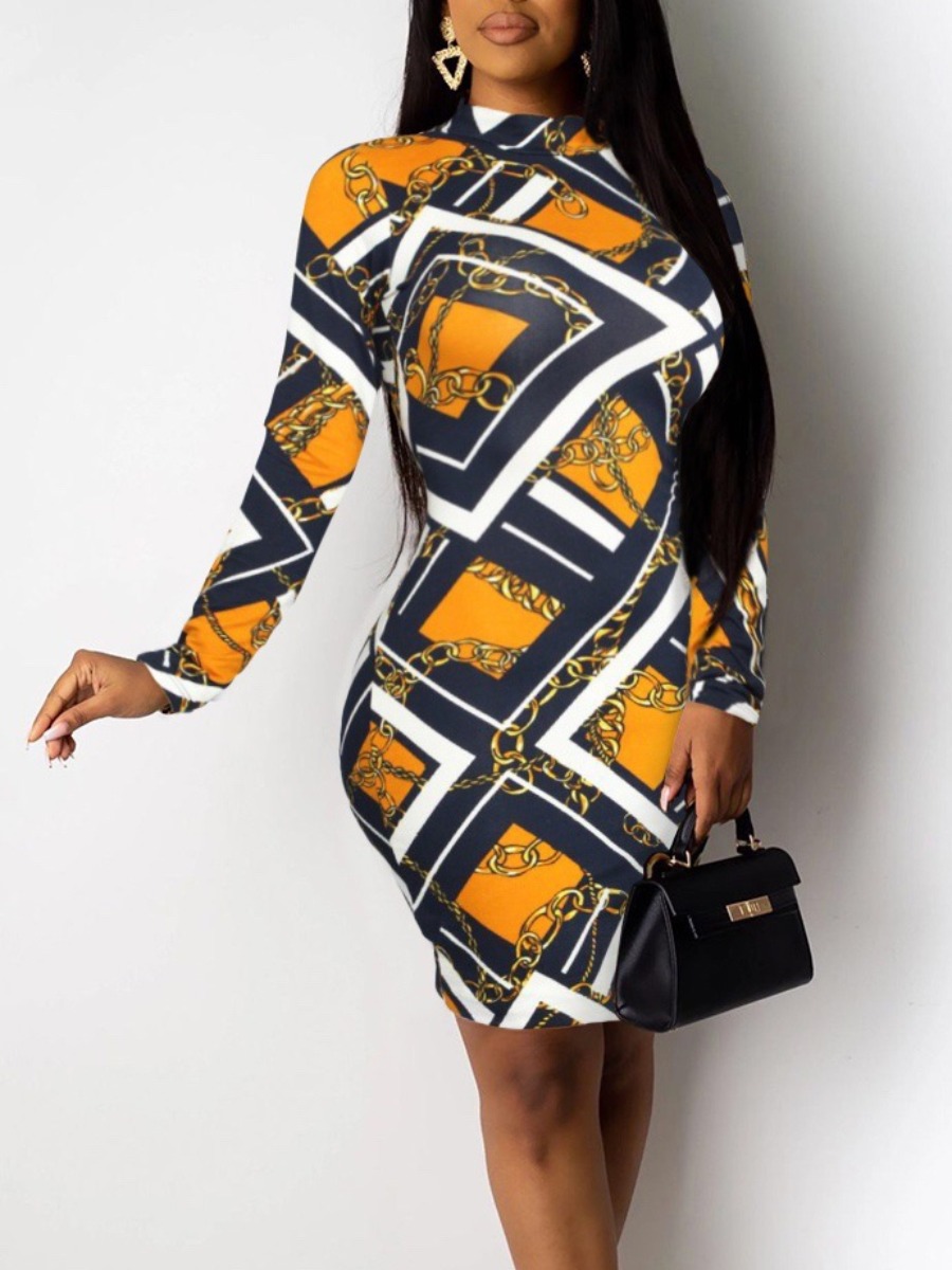 

lovely Trendy Versace Print Gold Knee Length Dress