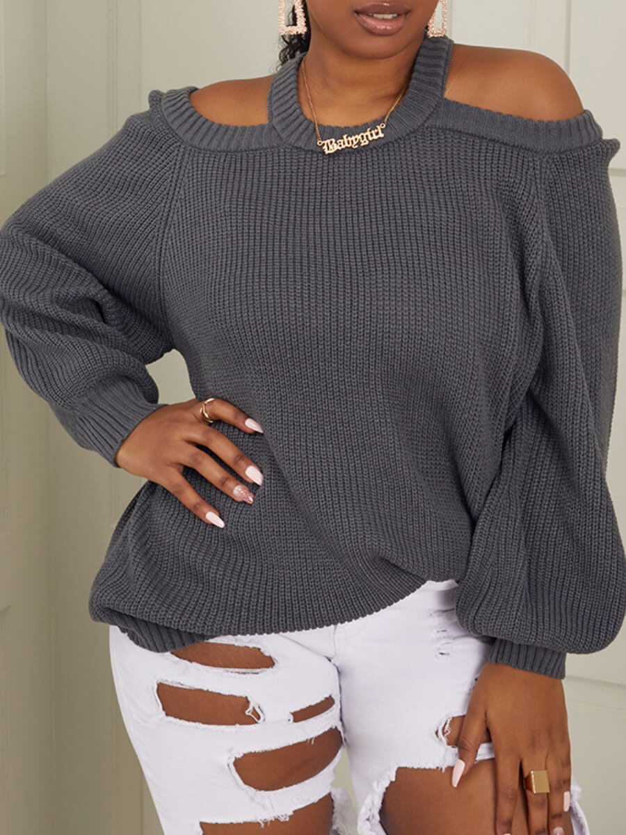 

Lovely Trendy O Neck Hollow-out Grey Sweater