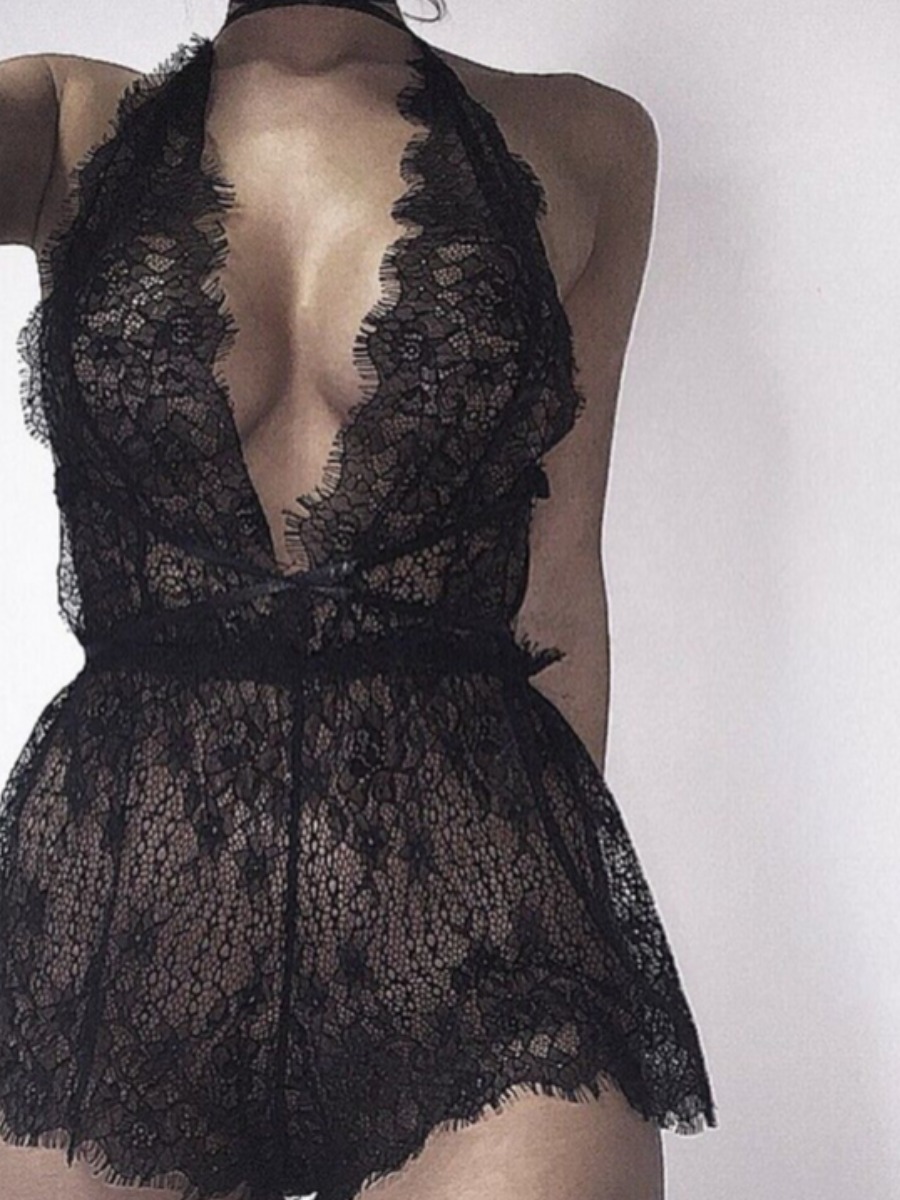

lovely Sexy Lace See-through Black Sleepwear