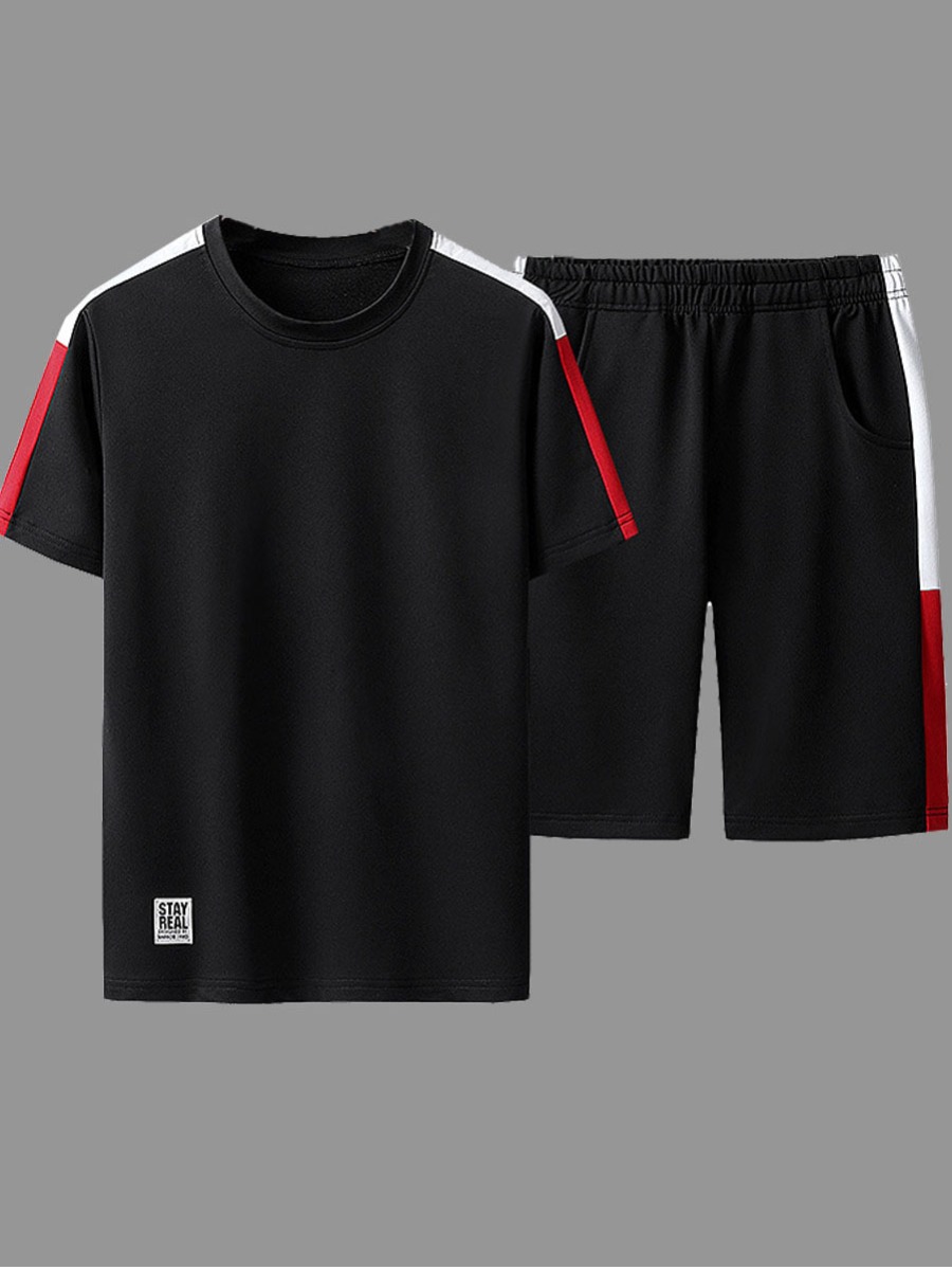 

lovely Sportswear O Neck Patchwork Black Men Two-piece Shorts Set