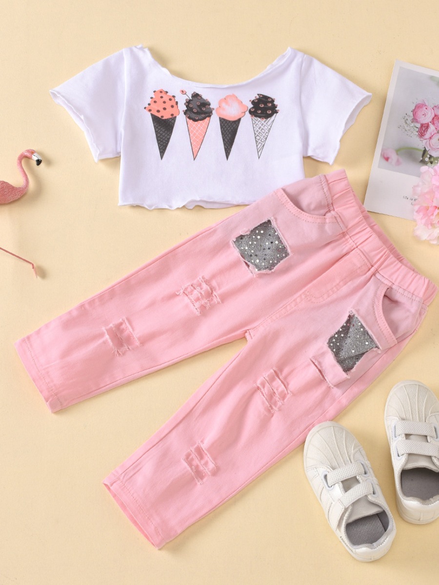 

lovely Sweet O Neck Print Pink Girl Two-piece Pants Set