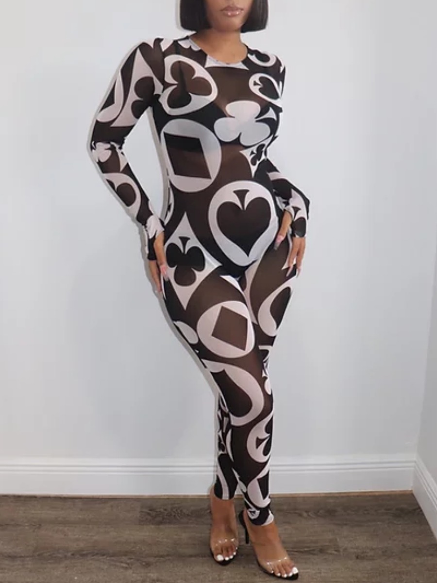 

lovely Trendy Print See-through Black One-piece Jumpsuit