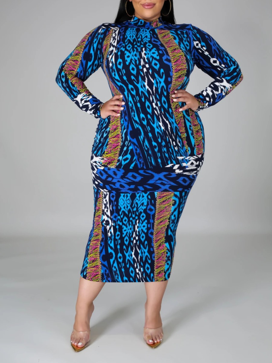 

lovely Stylish Print Blue Mid Calf Plus Size Dress