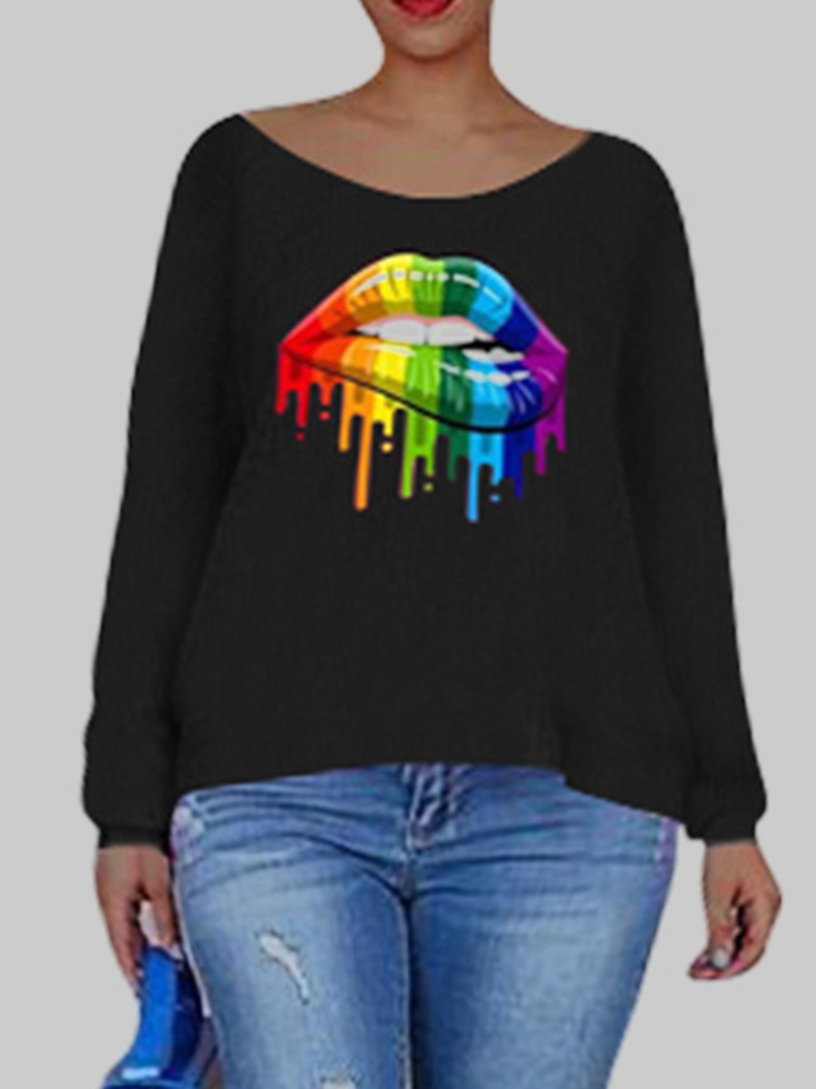 

lovely Casual O Neck Lip Print Black Plus Size T-shirt