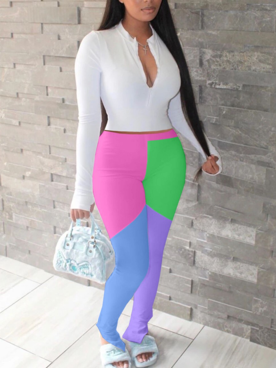 

lovely Stylish Zipper Design Patchwork White Two Piece Pants Set