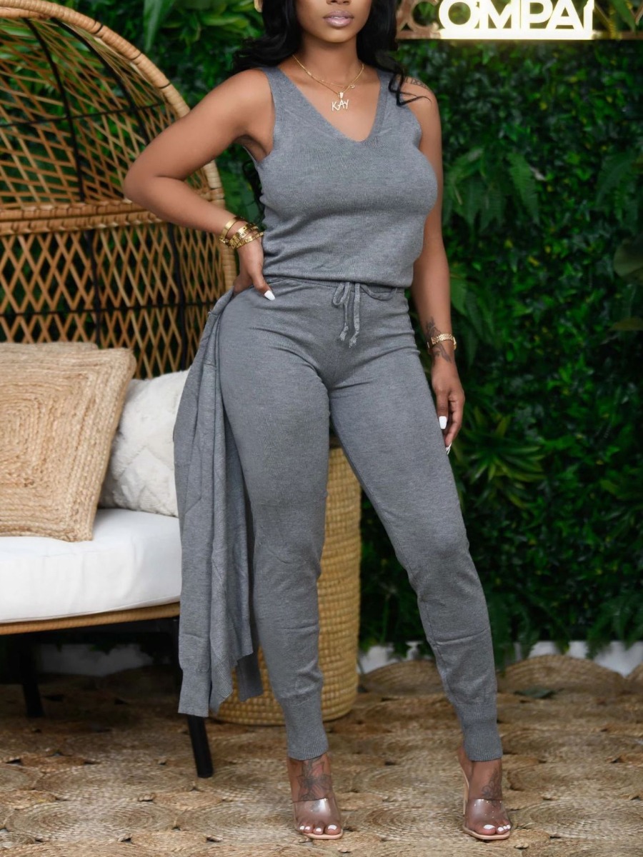 

lovely Sportswear V Neck Drawstring Grey Two Piece Pants Set