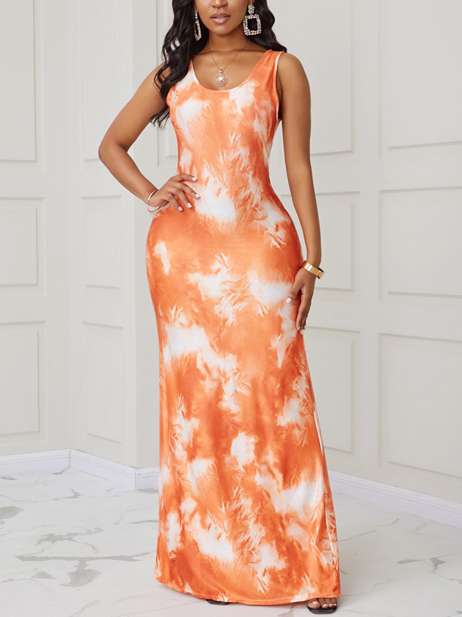 

lovely Stylish U Neck Tie-dye Croci Maxi Dress