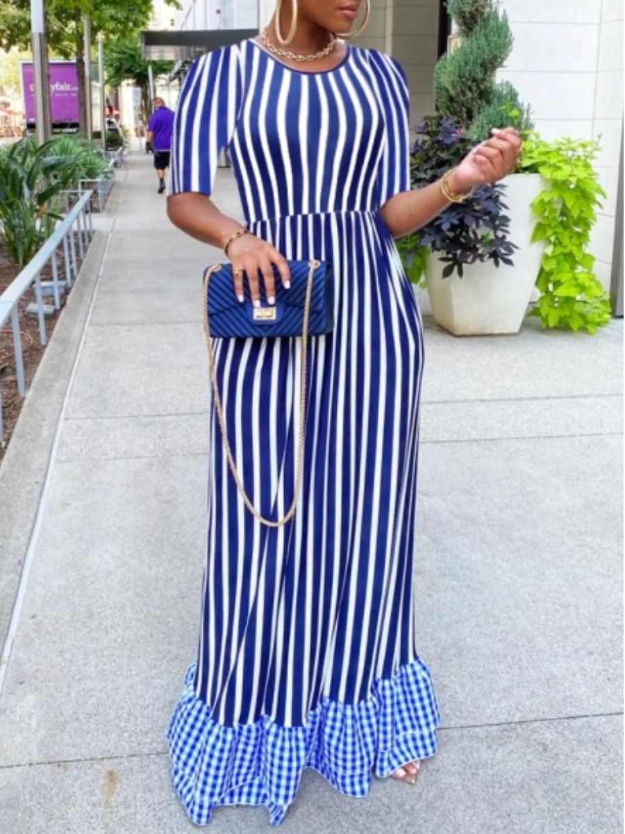 

lovely Trendy O Neck Striped Patchwork Blue Maxi Dress