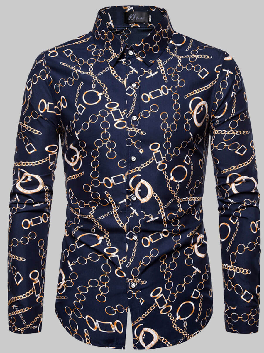

Lovely Street Turndown Collar Print Blue Men Shirt
