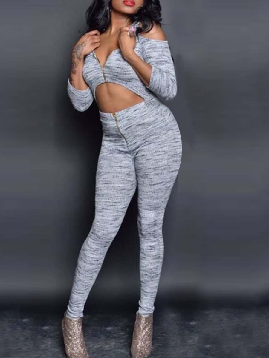 

lovely Trendy Zipper Design Hollow-out Grey One-piece Jumpsuit