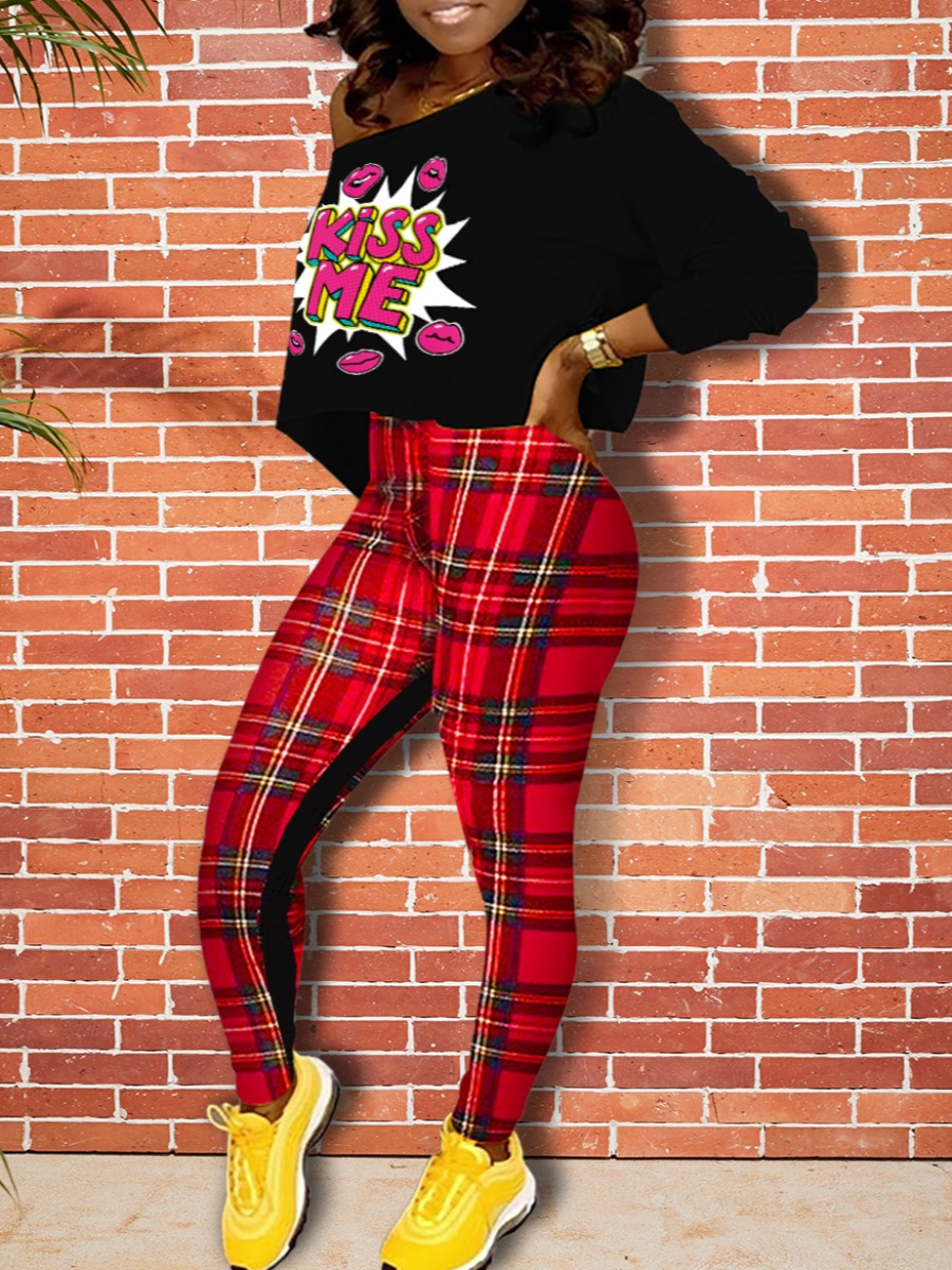 

lovely Casual O Neck Letter Print Black Two Piece Pants Set