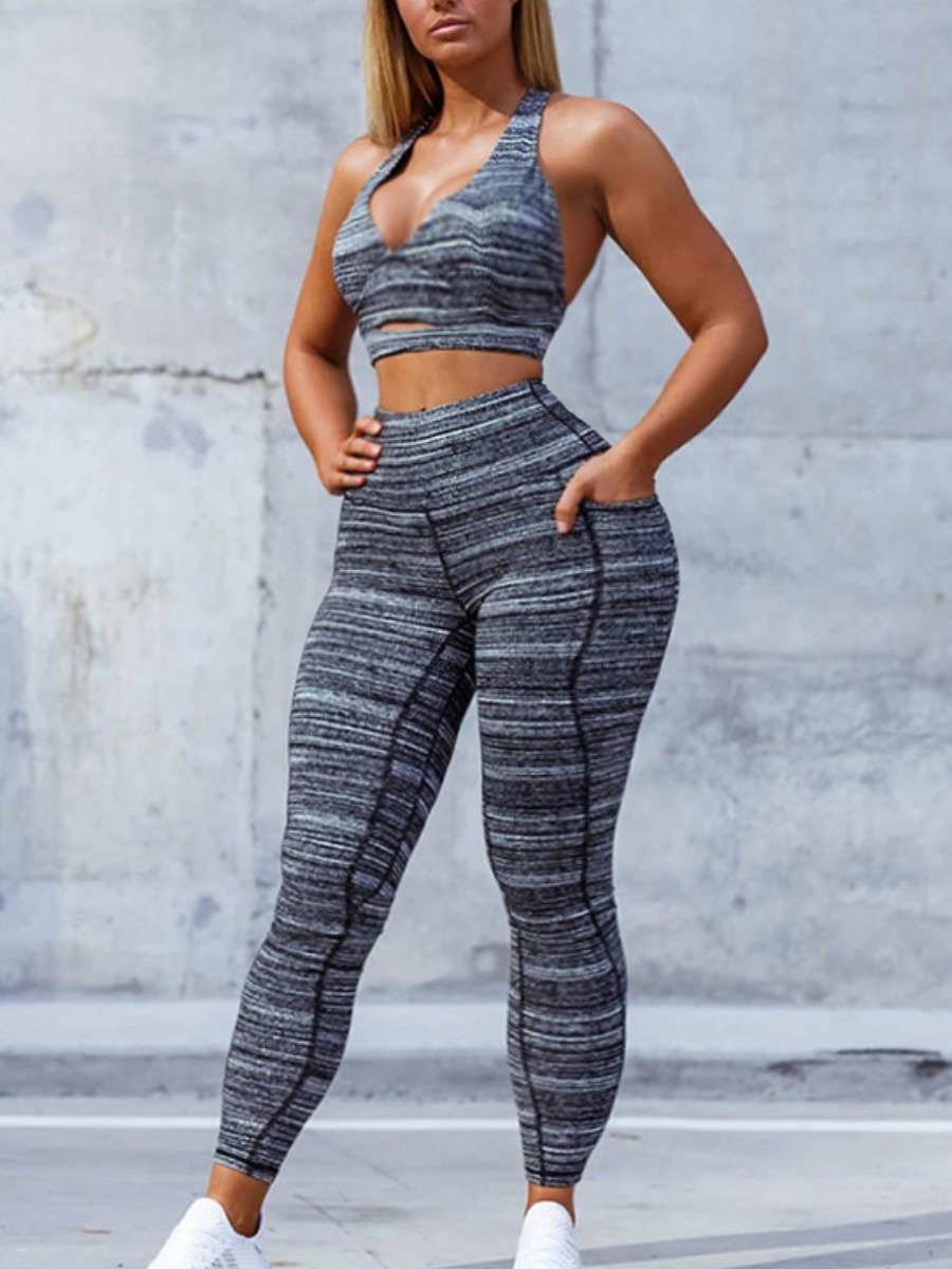 

lovely Sportswear Print Hollow-out Grey Two-piece Pants Set