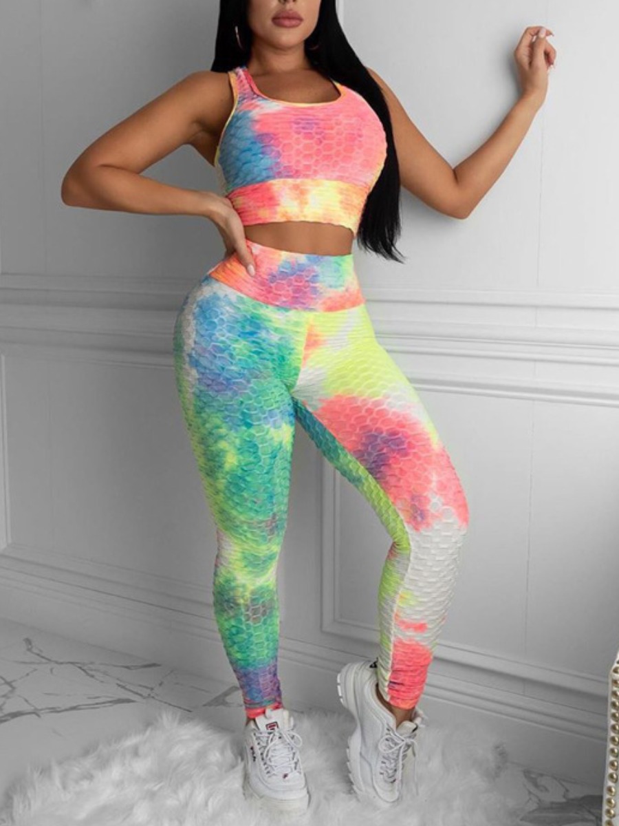 

lovely Sportswear U Neck Tie-dye Multicolor Two-piece Pants Set, Multi